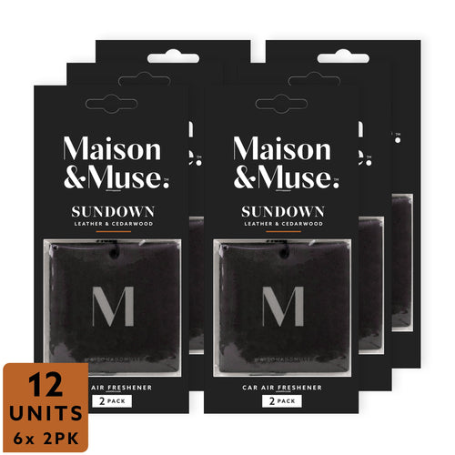 Four black Maison & Muse Sundown hanging car air freshener packages showing square black leather scent pads and branding