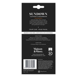 Back of Maison & Muse Sundown packaging showing product description, directions, barcode and branding details