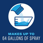 Icon of a measuring container being filled from a bottle above text stating the product 'MAKES UP TO 64 GALLONS OF SPRAY'.