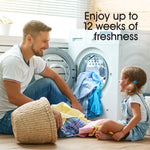 Man and child sitting by a front-loading washer with laundry and overlay text 'Enjoy up to 12 weeks of freshness'