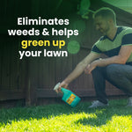 Man kneeling on lawn holding a bottle of Sunday Dandelion Doom near grass with overlay text about eliminating weeds and greening lawn.