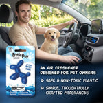 Lifestyle image showing a smiling man driving with a puppy in the passenger seat and Little Pup ocean splash packaging inset with product callouts