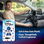Smiling man seated in a car interior with a Little Joe packaged vent air freshener shown and overlay text listing product features.