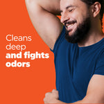Smiling bearded man lifting his arm with a navy shirt, shown next to text about cleaning and fighting odors on an orange background