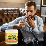 Lifestyle image showing a man lighting a cigar on a leather couch with an OdoBan odor absorber tub and text claiming it eliminates smoke odors.