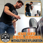 Man spraying Chemical Guys Ghosted Odor Eliminator toward an open trash can with inset close-up showing odor illustration