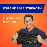 Smiling man stretching a black trash bag horizontally under the heading 'Expandable Strength' with caption 'Expands as it's filled'