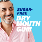 Smiling man on blue background with bold copy reading sugar-free dry mouth gum promoting the product benefit