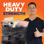 Promotional graphic of a man giving a thumbs up behind a filled black trash bag with 'Heavy Duty Strength' text