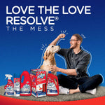 Lifestyle graphic of a man playing with a golden retriever beside several Resolve product packages on a blue background