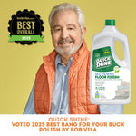 Promotional image showing a man standing next to a Quick Shine bottle and a 'Best Overall 2025' badge with award text at the bottom.