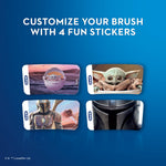 Four Mandalorian themed handle stickers featuring Grogu, the Mandalorian and helmet closeup with 'customize your brush' text