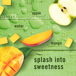 Close-up graphic of mango and apple notes with text ‘splash into sweetness’ on Febreze Car scent artwork