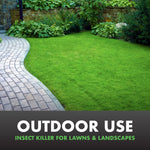 Well-manicured green lawn and landscaped border with text stating outdoor use for lawns and landscapes