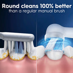 Side‑by‑side illustration comparing a manual toothbrush to an Oral‑B iO round electric brush head cleaning teeth with copy about cleaning improvement