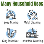 Informational graphic titled 'Many Household Uses' with icons and labels for Soap Making, Metal Cleaning, Clog Dissolver and Industrial Cleaning.