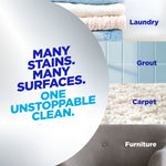 Graphic with headline ‘Many stains. Many surfaces. One unstoppable clean.’ and images of laundry, grout, carpet, furniture