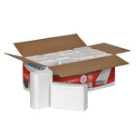 Open Marathon multifold towel case with two stacks of white folded towels displayed in front of the box