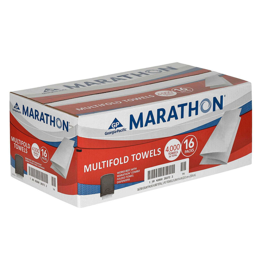 Cardboard bulk box of Marathon multifold paper towels with red and white packaging and visible brand logo