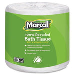 Close-up of a single Marcal green-wrapped bath tissue roll labeled '100% Recycled Bath Tissue' with certifications printed below