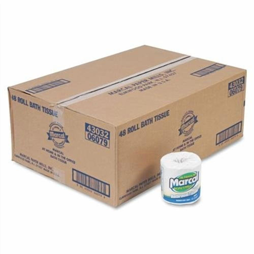Kraft cardboard case labeled '48 roll bath tissue' with a single Marcal-wrapped white toilet paper roll in front