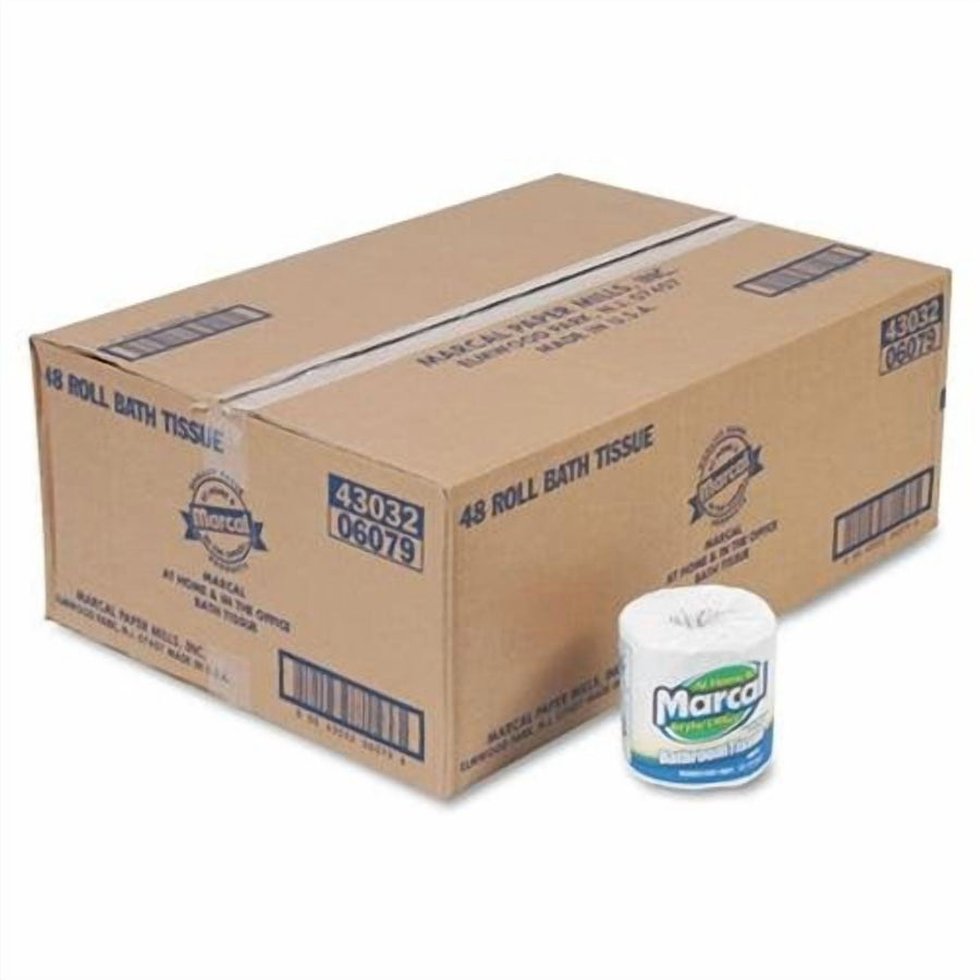 Kraft cardboard case labeled '48 roll bath tissue' with a single Marcal-wrapped white toilet paper roll in front