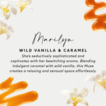 Text panel describing Marilyn wild vanilla & caramel fragrance with vanilla flowers and caramel graphics