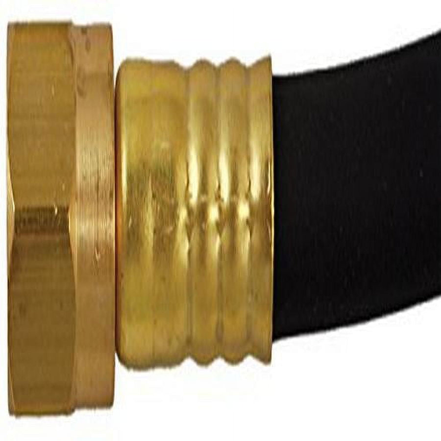 Close-up of brass hex coupling and crimped ferrule attached to a black LP gas hose.