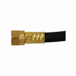 Brass hex nut and crimped ferrule connected to a black thermoplastic LP hose on white background.