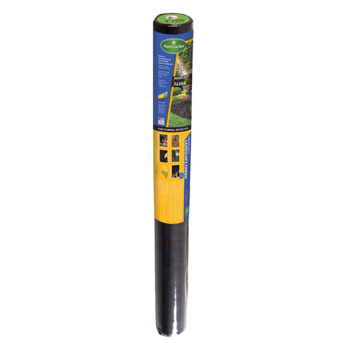 Tall rolled black landscape fabric with a Master Gardner branded yellow and blue label wrapped around the top