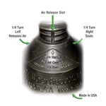 Close-up of plunger top showing air release slot, directional arrows and molded text