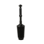 Black accordion-style heavy-duty plunger with ribbed handle on white background