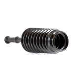 Angled product shot of a black accordion plunger lying on its side on white background