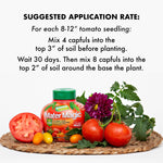 Mater Magic jar staged with tomatoes, flower and sliced tomato beneath suggested application rate instructions