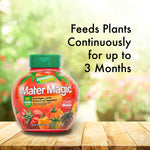 Mater Magic plant food jar on wooden surface with blurred garden background and text about feeding plants for 3 months