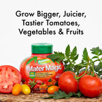 Mater Magic jar among whole and sliced tomatoes with text claiming bigger juicier tastier tomatoes and vegetables