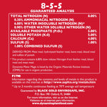 Red guaranteed analysis label for 8-5-5 fertilizer showing nutrient breakdown and derived-from ingredient list