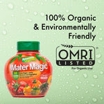Dynamite Mater Magic jar beside large OMRI Listed logo on a green water-droplet background with organic claim