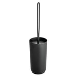 Matte black toilet brush and cylindrical holder set photographed against a white background