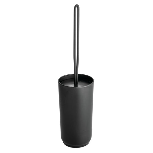 Matte black toilet brush and cylindrical holder set photographed against a white background