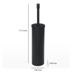 Matte black toilet brush and holder with simple dimension markings showing height and base width on white background