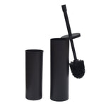 Disassembled matte black metal toilet brush and two-piece cylindrical holder showing inner liner on white background