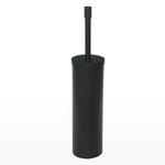 Slim matte black metal toilet brush with lid-covered cylindrical holder shown upright on a white background