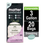 Single Matter compostable 3 gallon bag box with graphic badges and text panel listing 3 gallon 20 bags