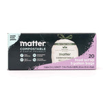 Flat-laid Matter box showing front panel for 20 food scrap 3 gallon compostable bags on white background