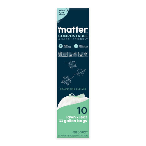 Full front product box art for Matter compostable lawn + leaf 33 gallon bags showing branding, icons, leaf illustrations and capacity callout.