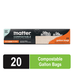 Single Matter compostable gallon bag box shown on white background with a graphic panel reading '20 Compostable Gallon Bags'.