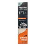 Tall vertical view of Matter compostable gallon bags box showing branding, icons and '20 gallon bags' text.