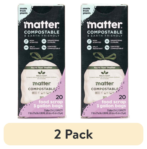 Two upright boxes of Matter compostable food scrap 3 gallon bags with purple accent