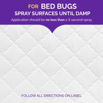 Graphic close-up of a quilted mattress surface with heading "For Bed Bugs Spray Surfaces Until Damp" and application guidance.